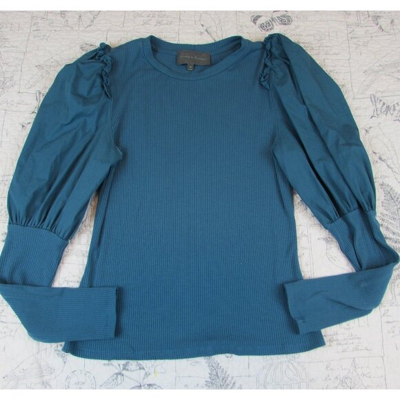 Anthropologie Sunday in Brooklyn Womens Puff Slv ruffle contrast teal top M - Picture 7 of 11
